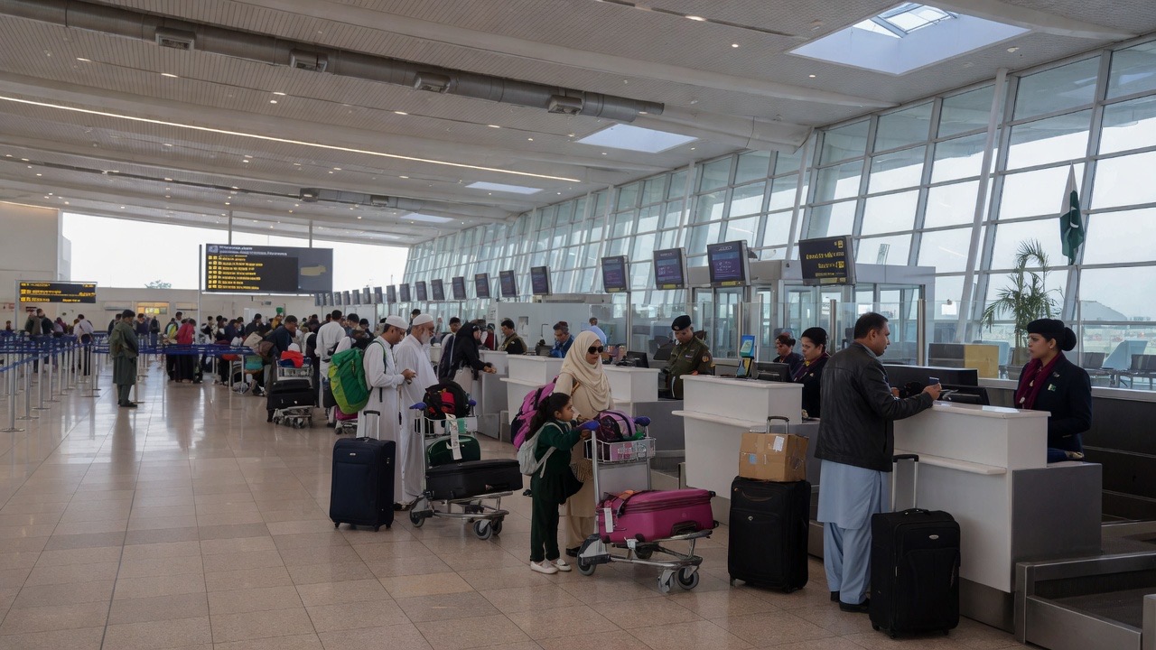 Travellers at check-in in a modern Pakistani airport hall