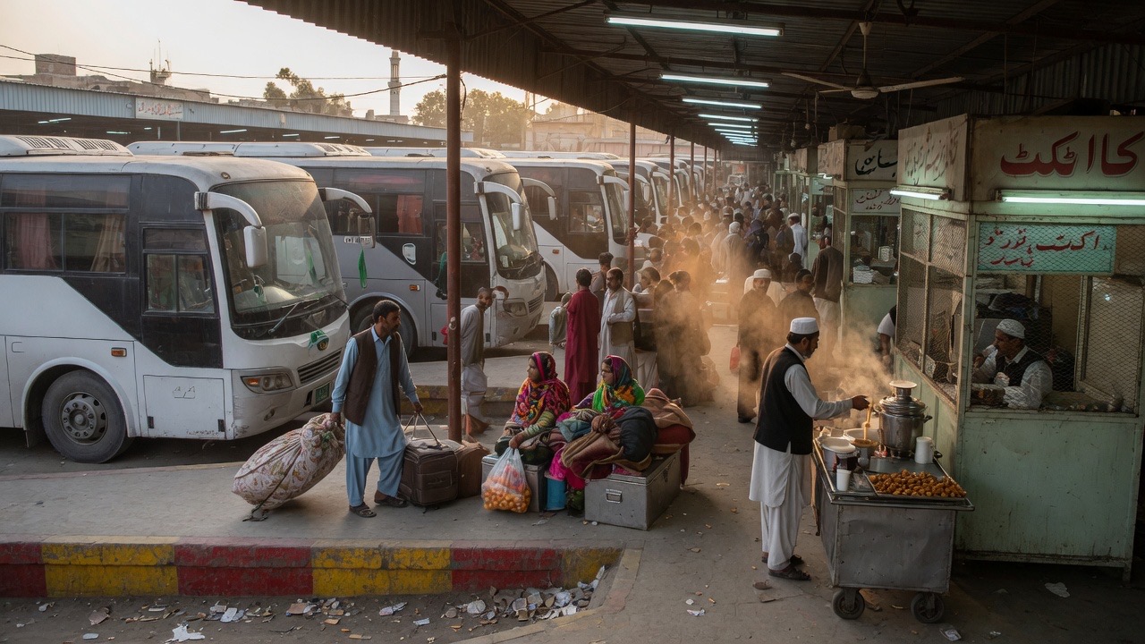 Passengers and coaches at a Pakistani intercity bus terminal