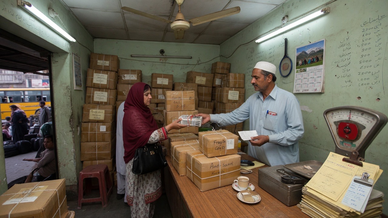Parcel counter inside a modest Pakistani bus-terminal cargo office
