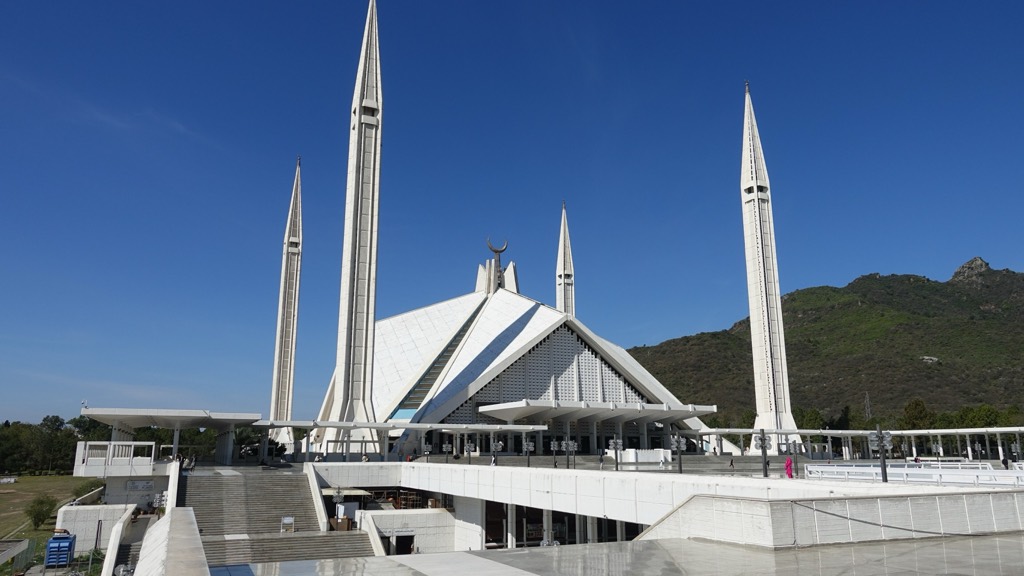 Faisal Mosque in Islamabad with its four minarets and tent-shaped prayer hall