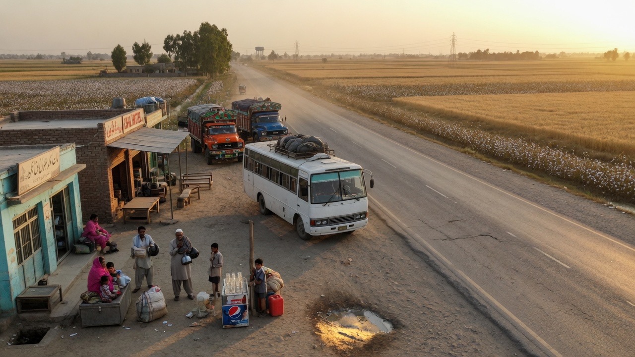 Highway and cotton fields in a southern Punjab town like Chichawatni