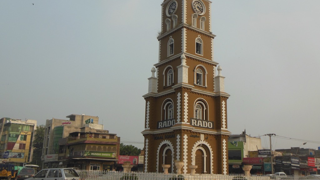 Sialkot Clock Tower at the centre of a busy chowk