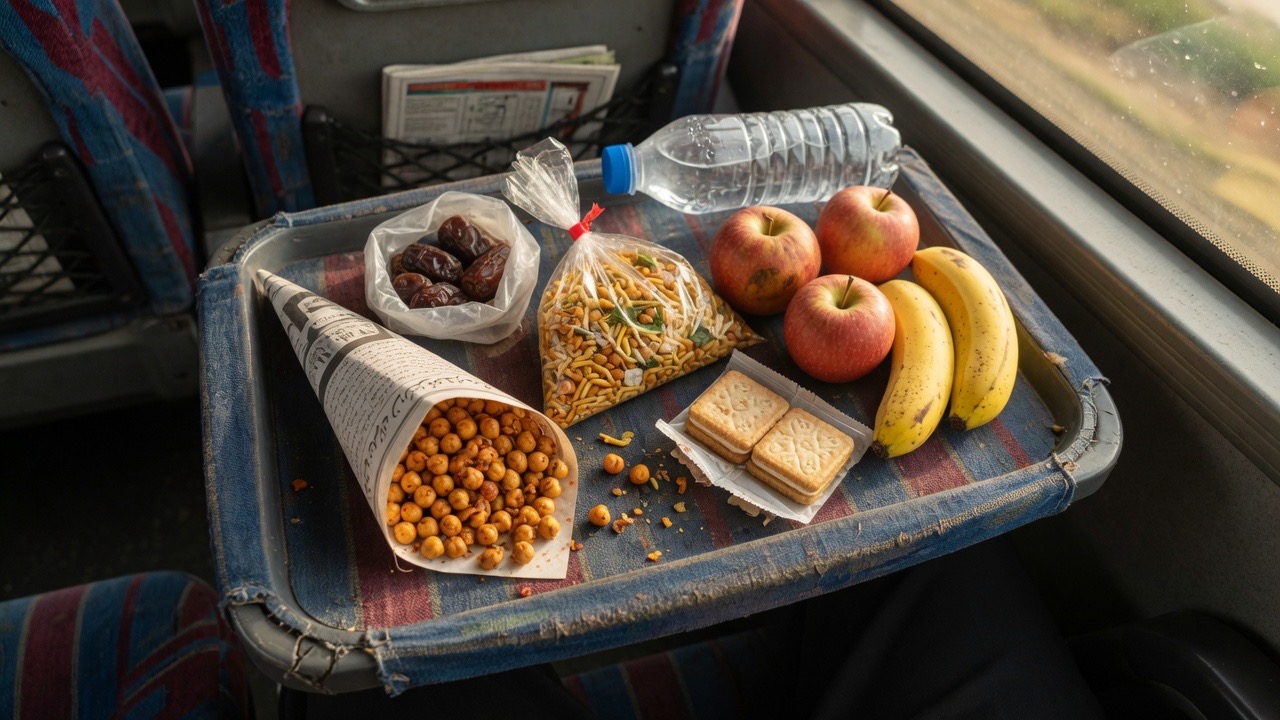Roasted chana, nimko, fruit and water packed for a Pakistani bus journey