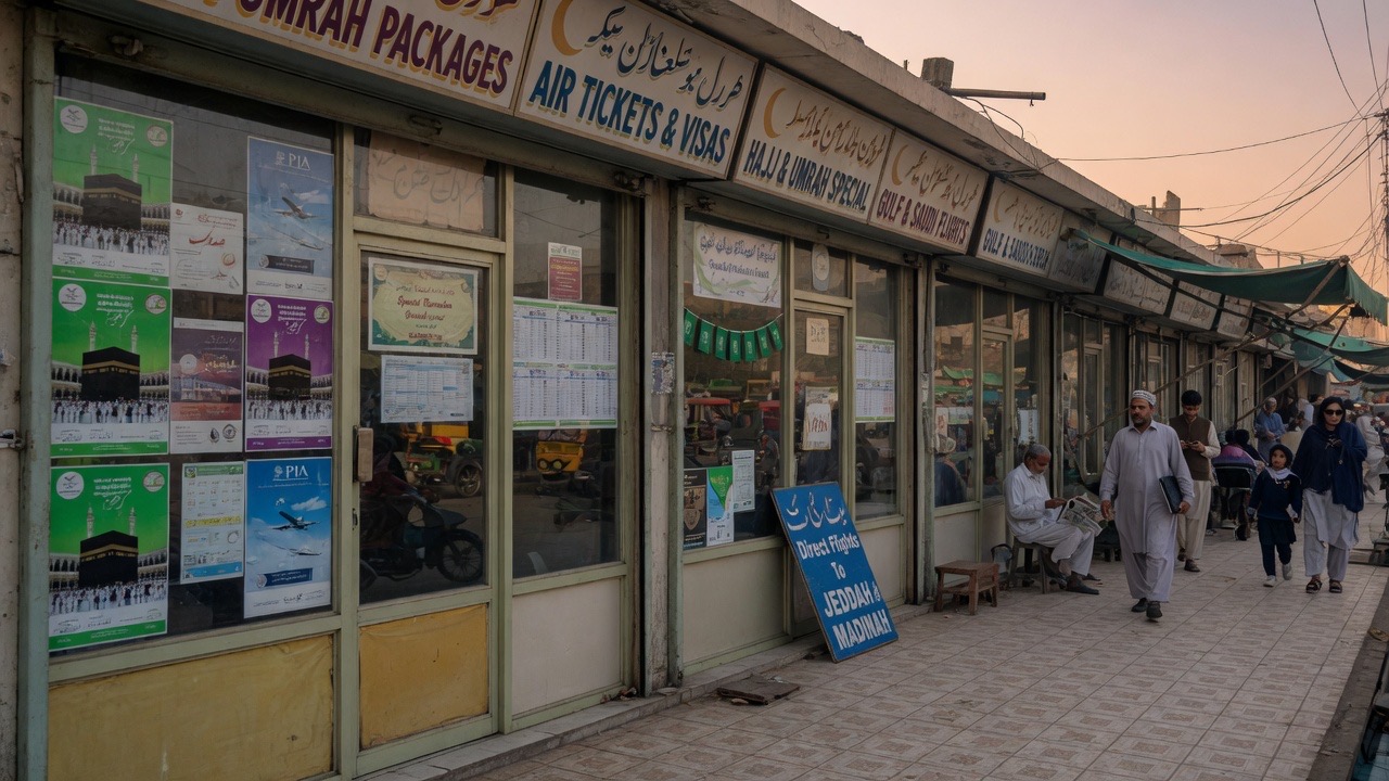 Row of small travel-agency offices advertising tickets and Umrah packages